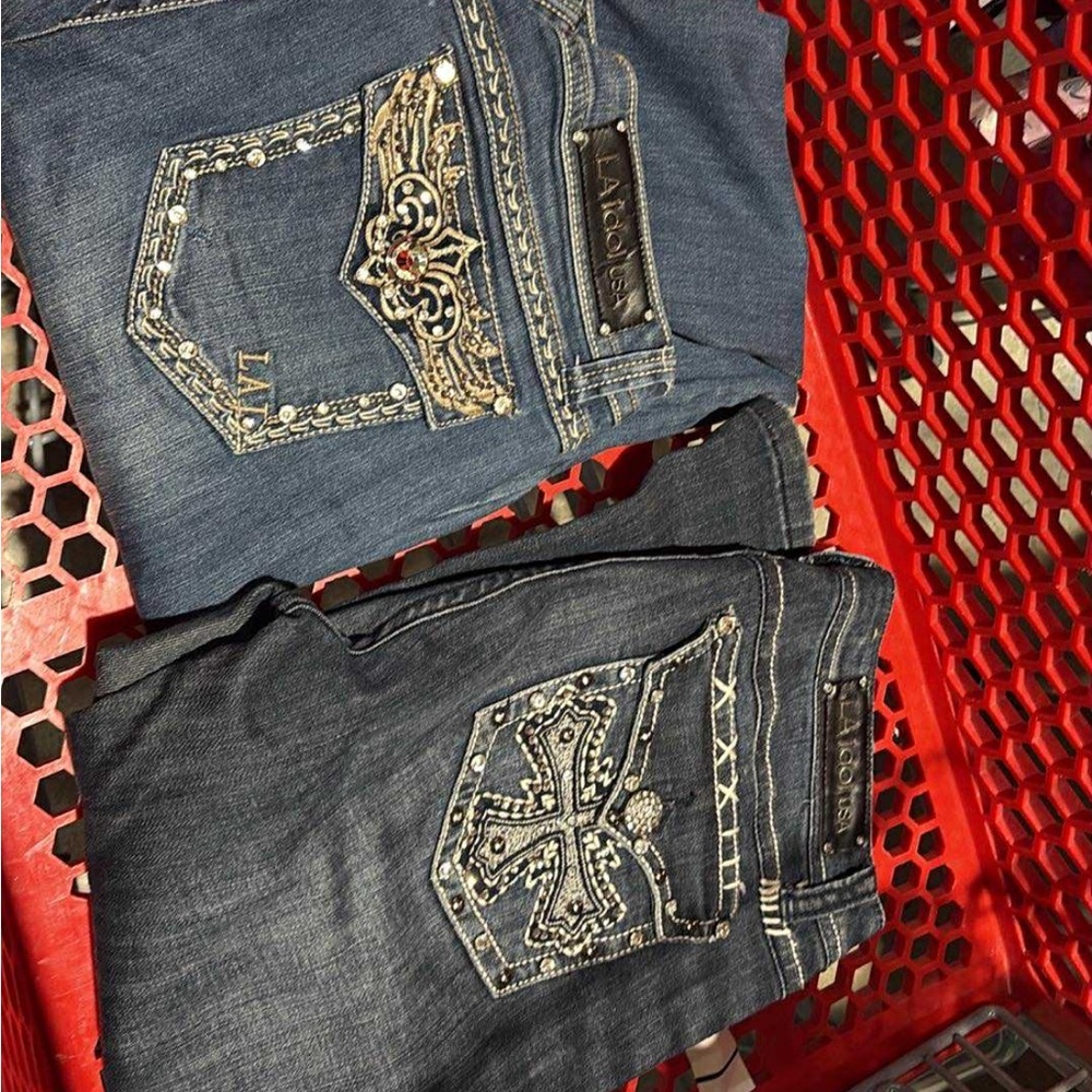 L.A. idol Women's Boot Cut Jeans - Dark and Light Blue
